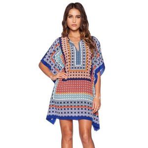 Trina Turk Theodora Caftan Mini Dress Blue Geo Scarf Print XS/S